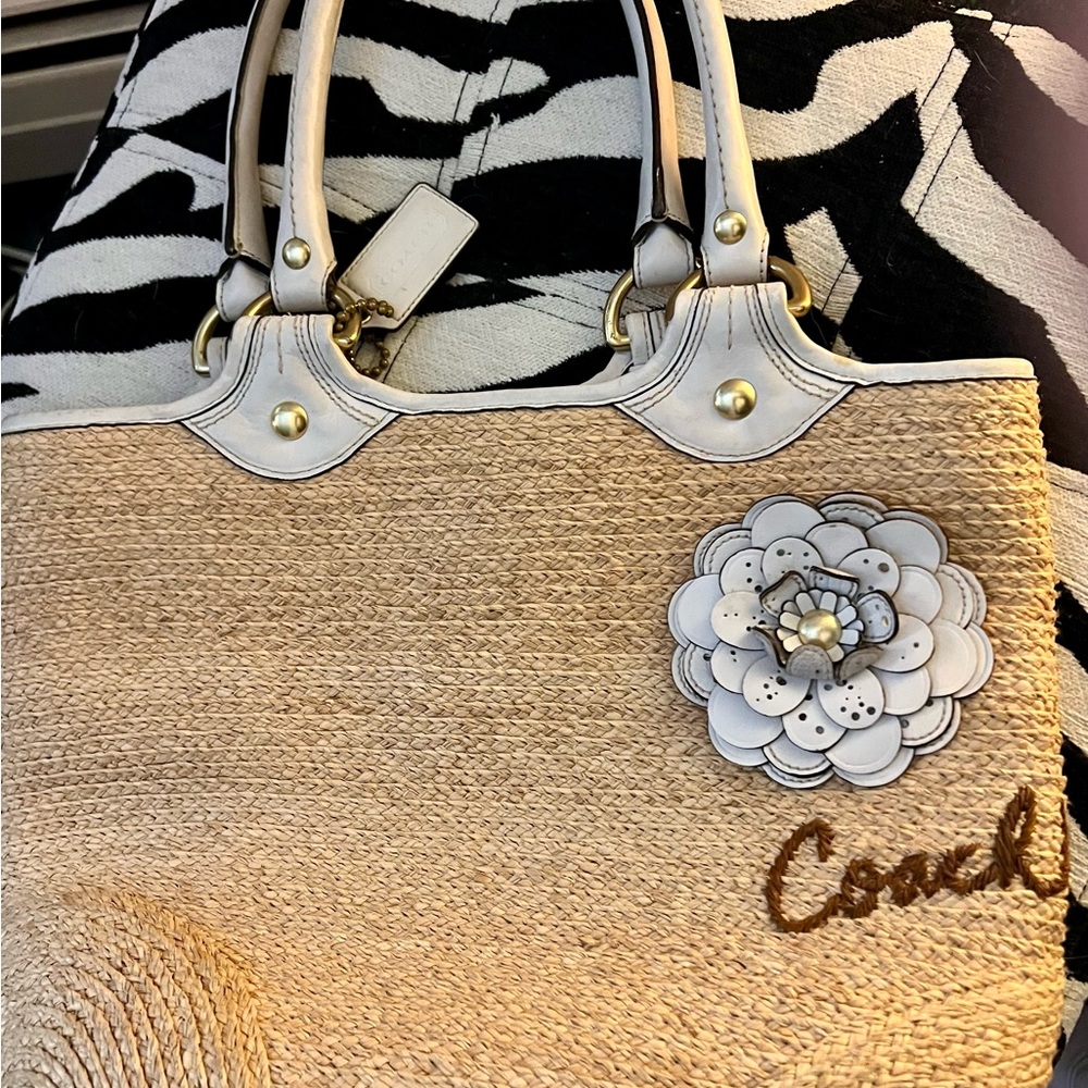 Vintage Coach Straw & Leather Tote